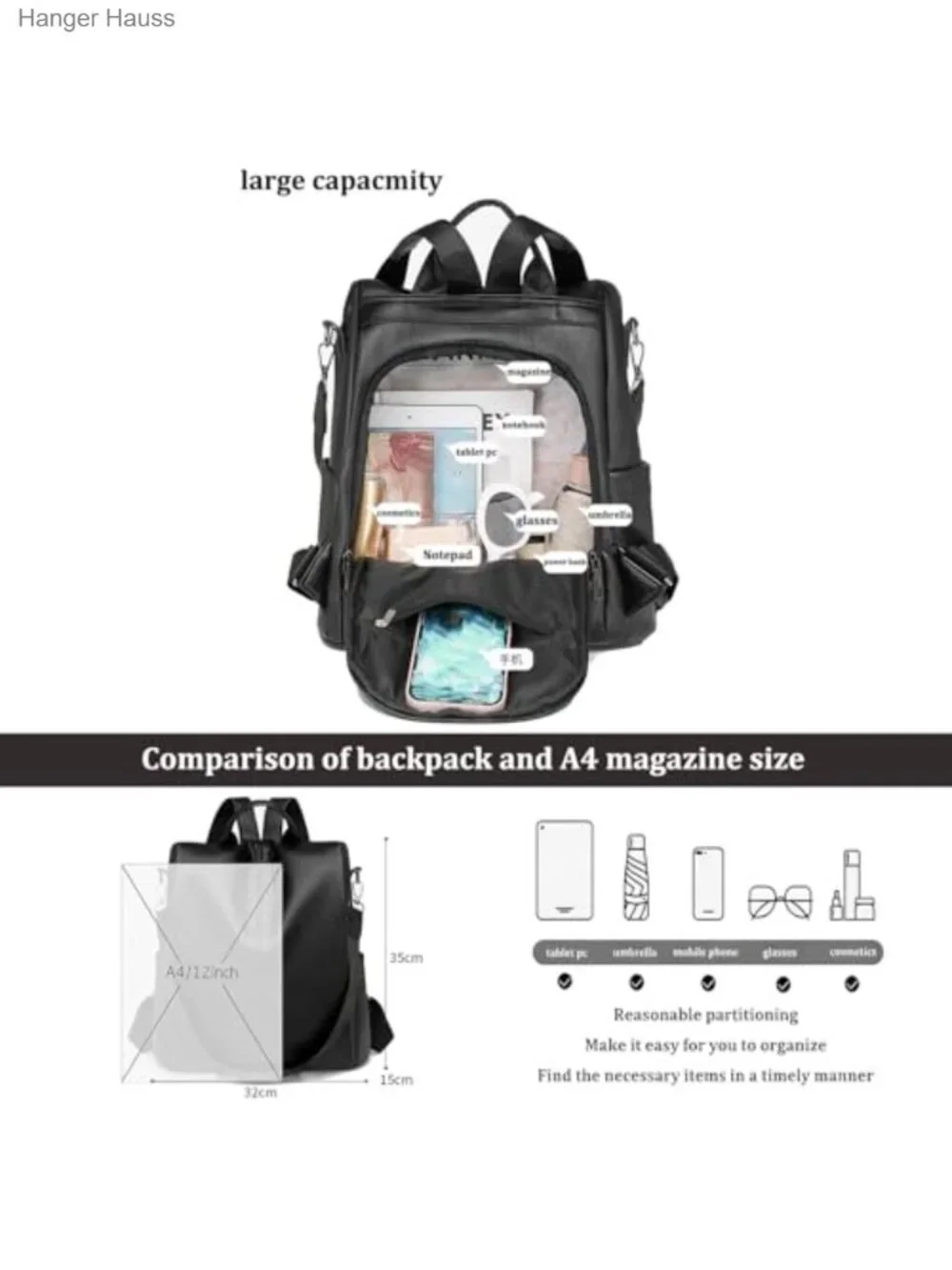 Women's Anti-theft PU Leather Backpack Purse, 3-Way Convertible Travel Rucksack